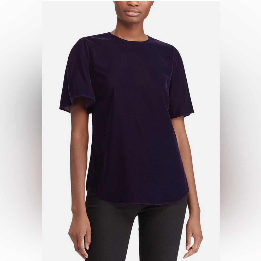 Lauren Ralph Lauren Deep Navy Velvet Short Flutter-Sleeve Top